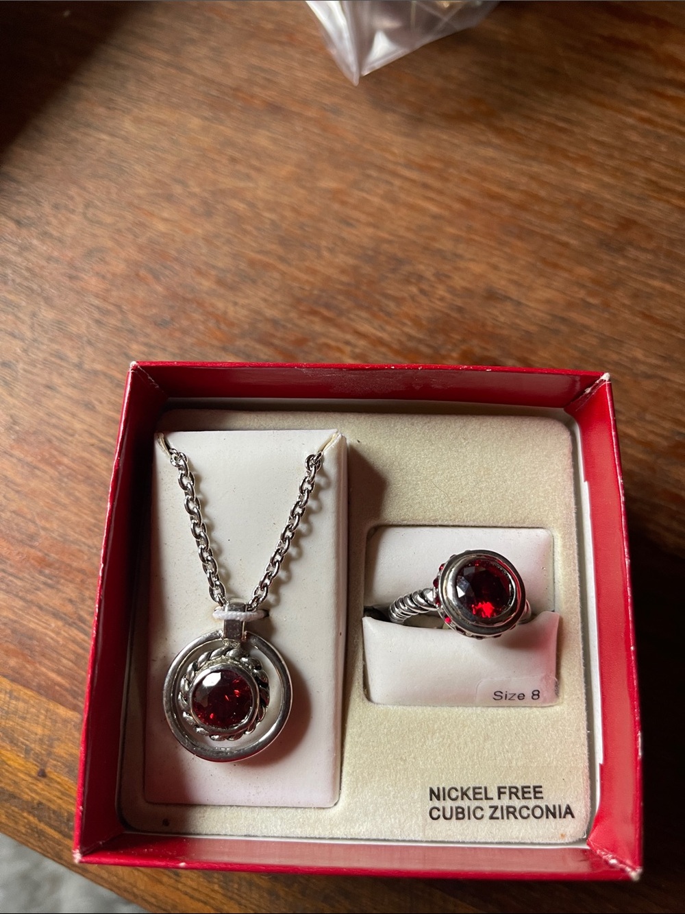 Sterling-Tone Red Cubic Zirconia Necklace — Nickel-Free